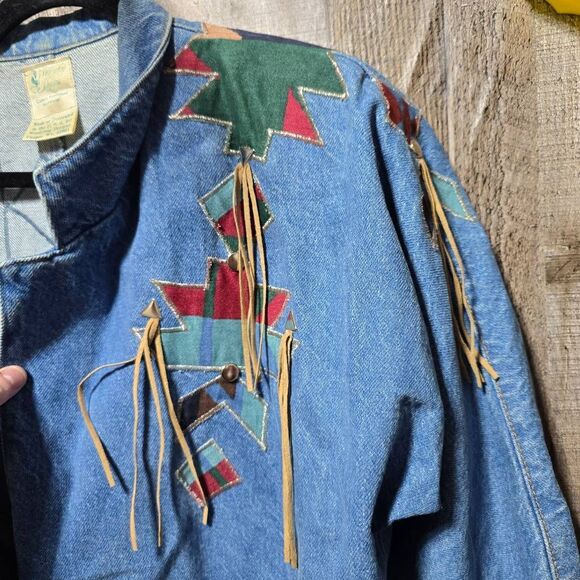 Weybug Designs Vintage 80s Denim Southwestern Embroidered Fringe Blazer Jacket - Picture 3 of 6